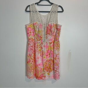 Lilly Pulitzer Pink White pocket fit & flare Print Flower Lace Top Dress Sz 12